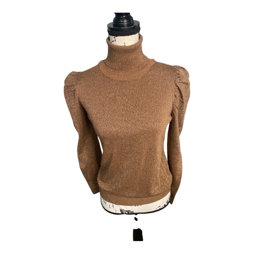 August Silk Metallic Brown Turtleneck Office - Date Night Dramatic Puff Sleeves